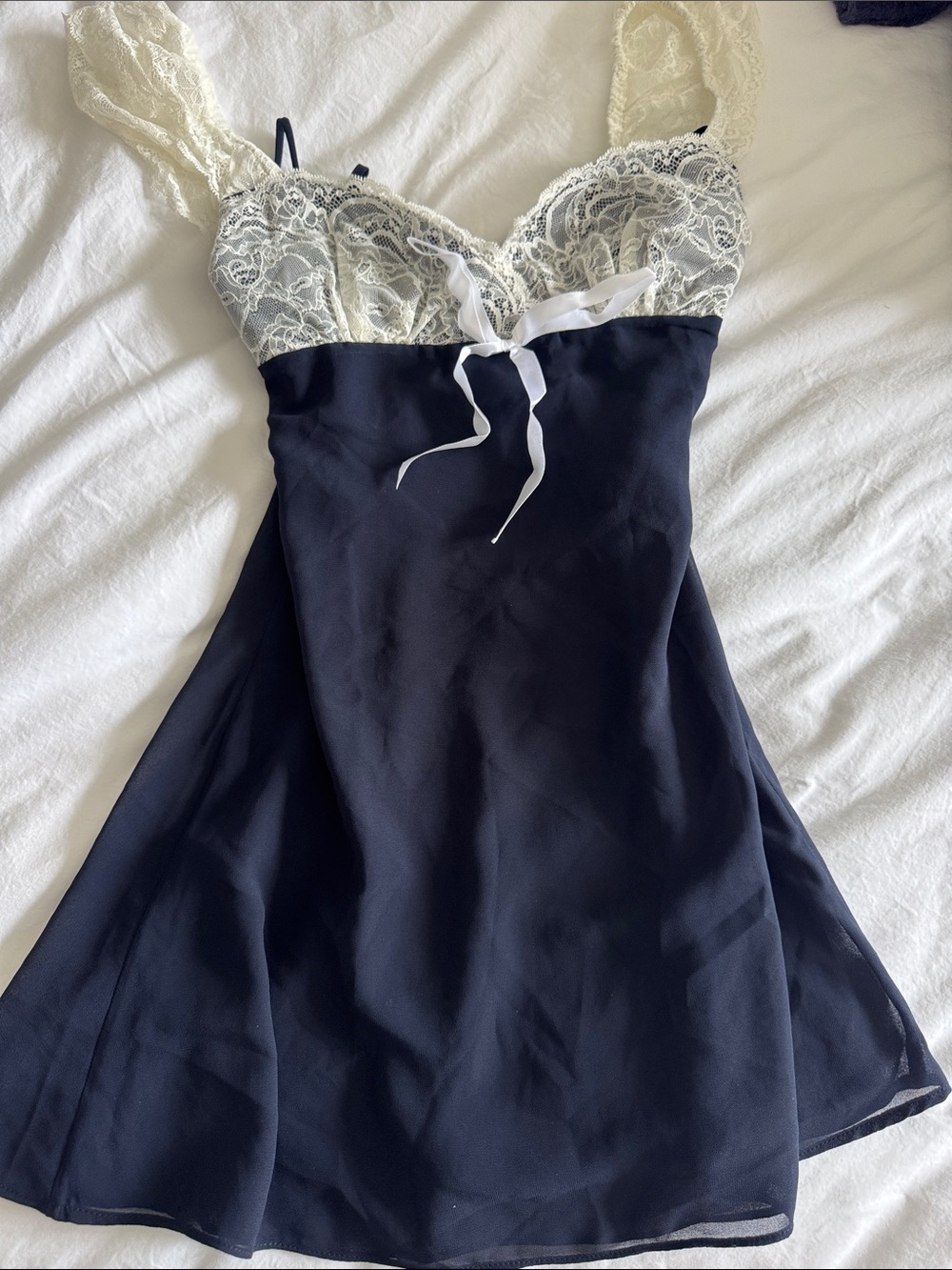 Lace-Trim Slip Dress - Navy with Ivory Lace